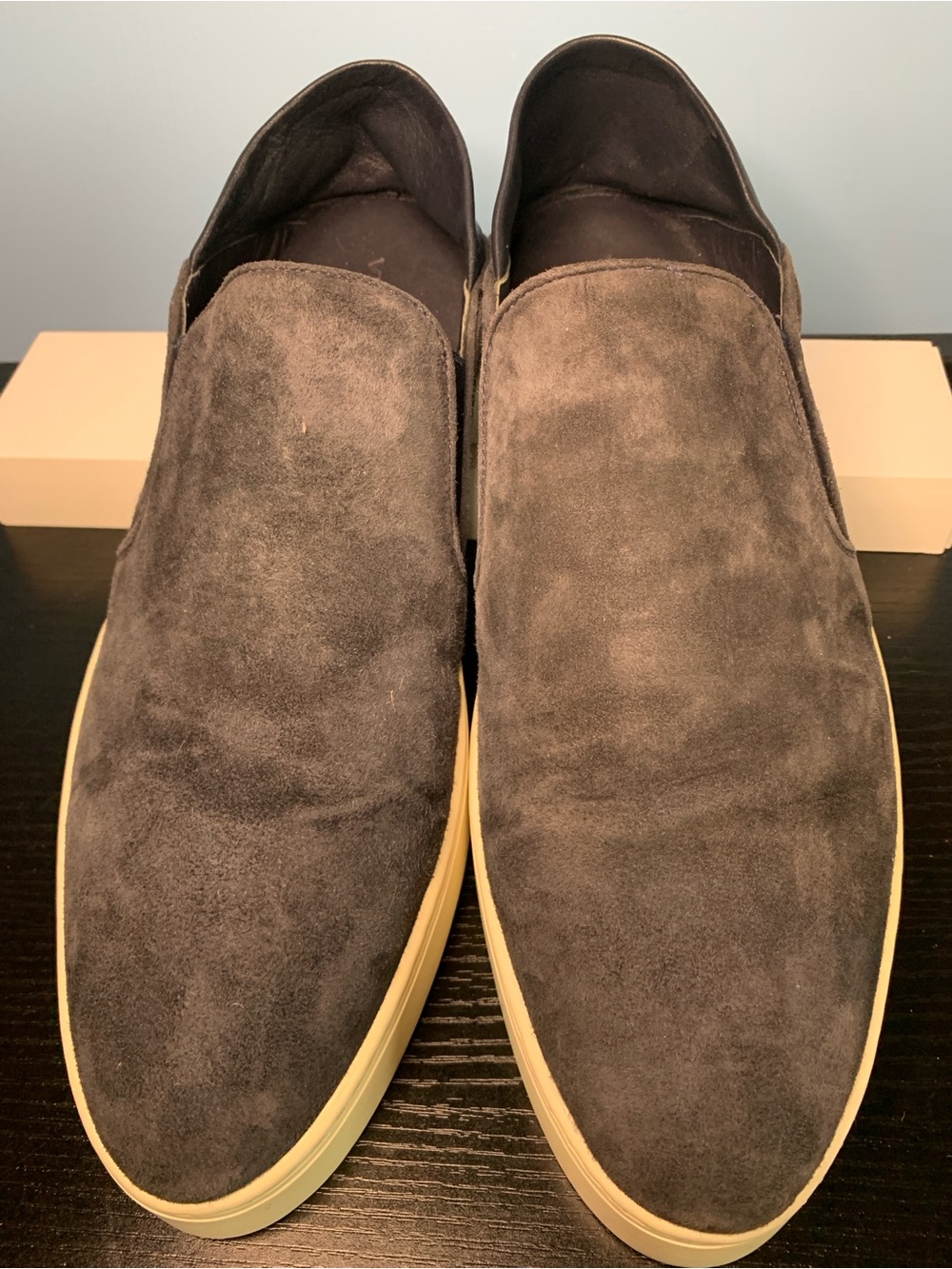 Vince Dark Brown Suede Slip-On Loafers with Cream Sole